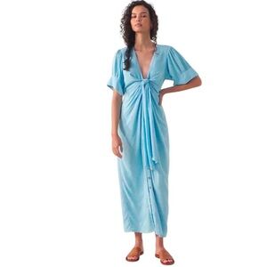 Free People Blue V neck Midi Dress Tie Front Button Down Size XS